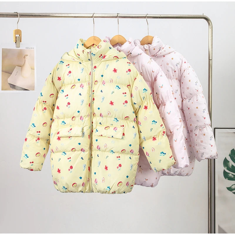 Printed Hooded Puffy Cotton Jacket Women Stand Collar Long Sleeve Zipper Loose Padded Coats 2025 Winter Lady Warm Outwear Street