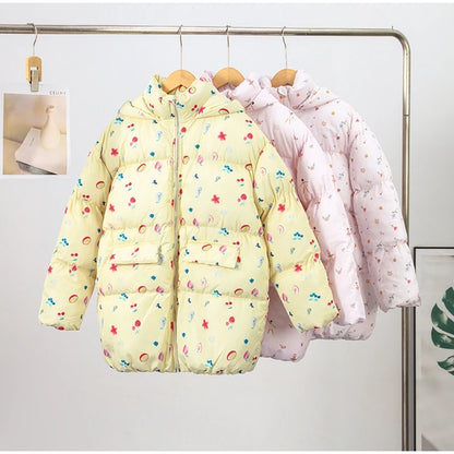 Printed Hooded Puffy Cotton Jacket Women Stand Collar Long Sleeve Zipper Loose Padded Coats 2025 Winter Lady Warm Outwear Street