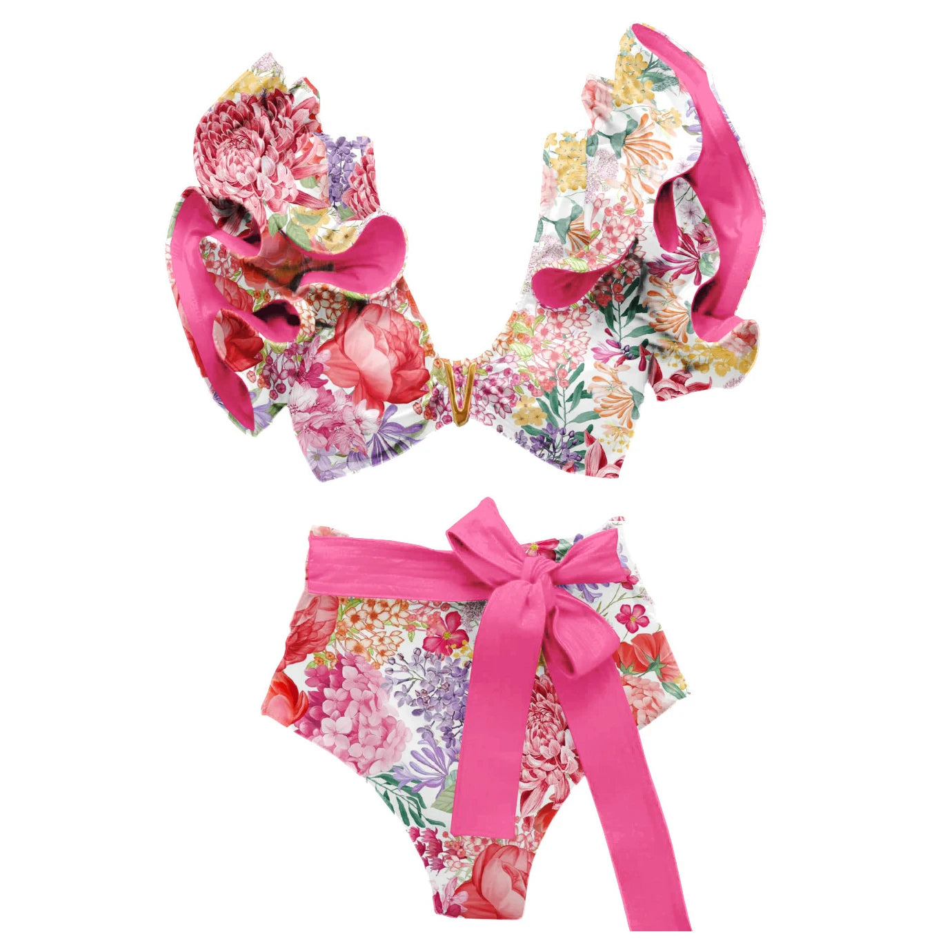 Two-Pieces Women Floral 2025 Push-Up Padded Bra Ruffles Bandage Bikini Set Swimsuit Swimwear Bathing Suit Beachwear Biquini