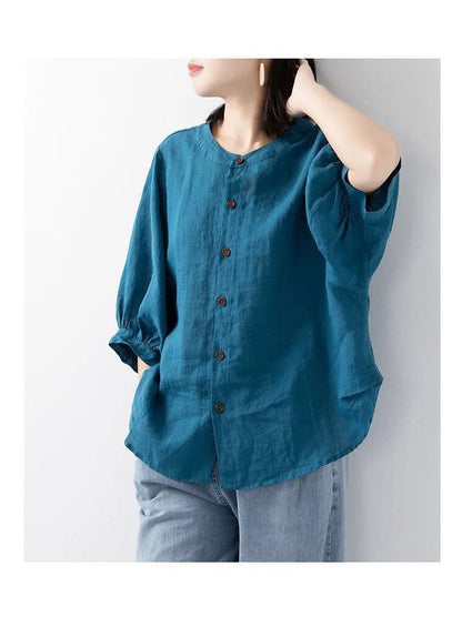 Cotton and linen shirt women's spring and summer thin solid color lantern sleeve stand collar top loose large size shirt
