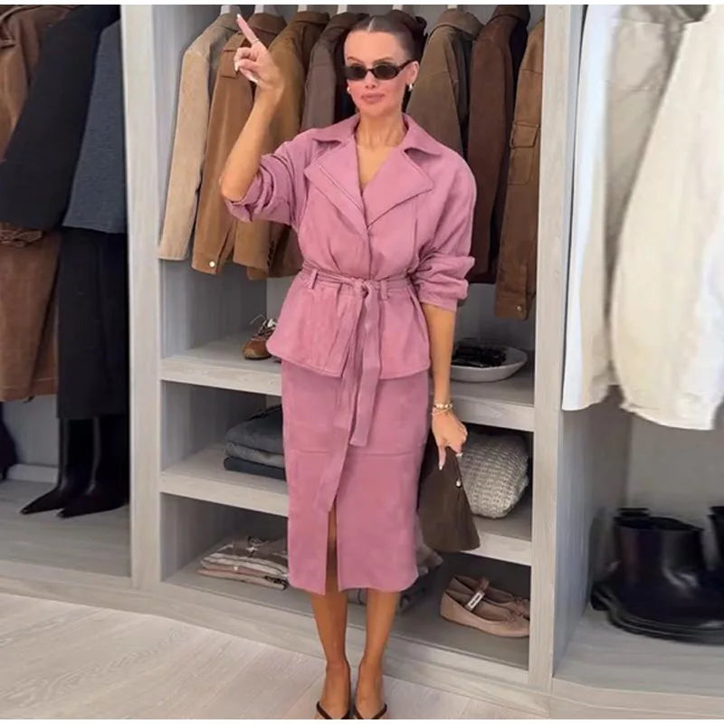 Women's Faux Suede Cropped Trench Coat Jacket Belted Notched Lapel Lace-up Retro Chic Outerwear Spring New High Street Outfit