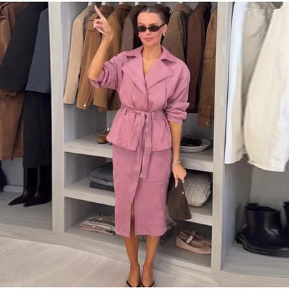 Women's Faux Suede Cropped Trench Coat Jacket Belted Notched Lapel Lace-up Retro Chic Outerwear Spring New High Street Outfit