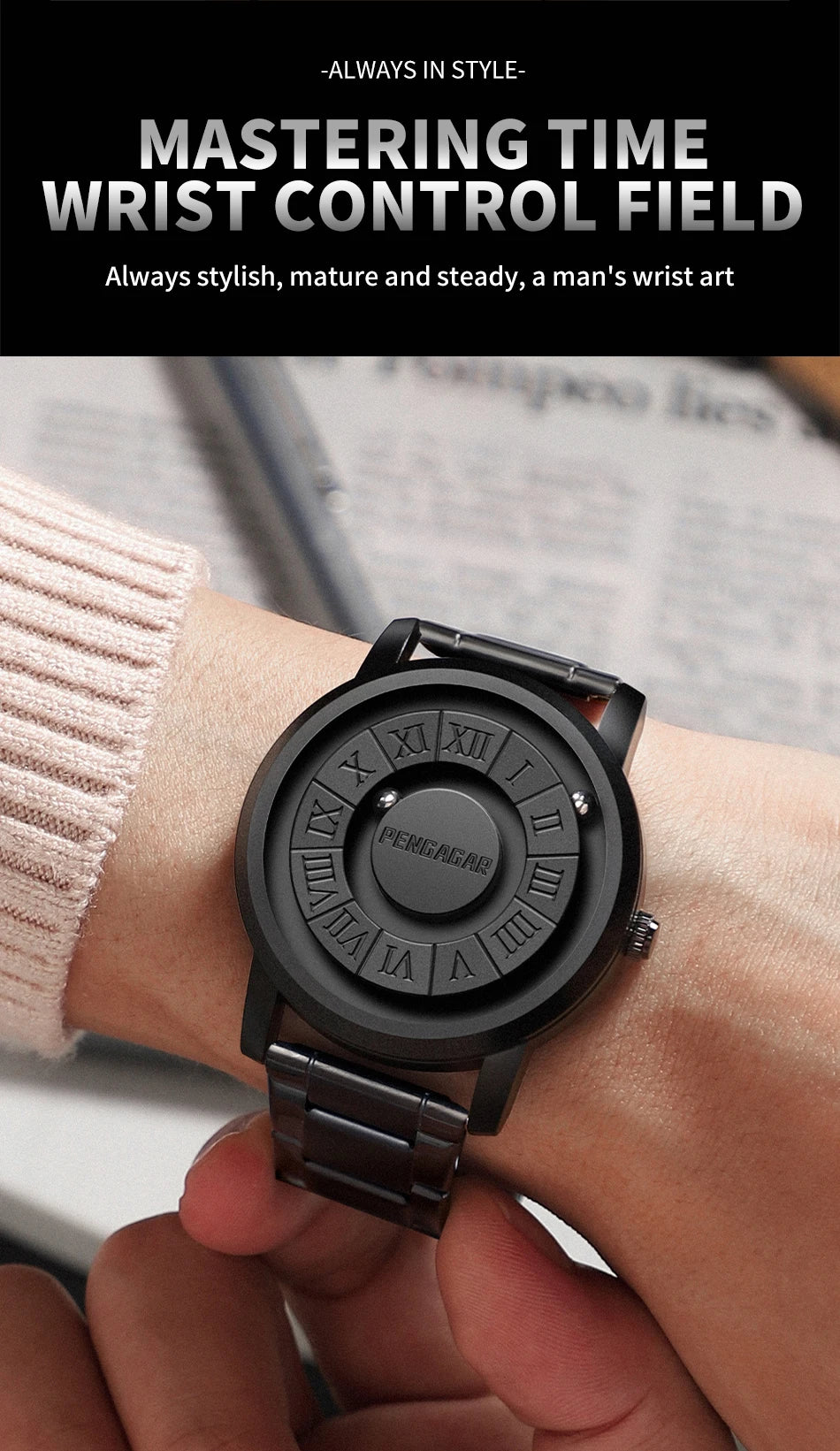 PENGAGAR Men's Watches Stainless steel Quartz Watch Creative Scrolling Pointer Magnetic Force Wrist Clock Relogio Masculino +box