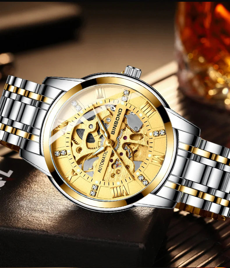 Bindond Mens Automatic Mechanical Watches Top Brand Luxury Stainless Steel Waterproof Hollow Male Wristwatches Relogio Masculino
