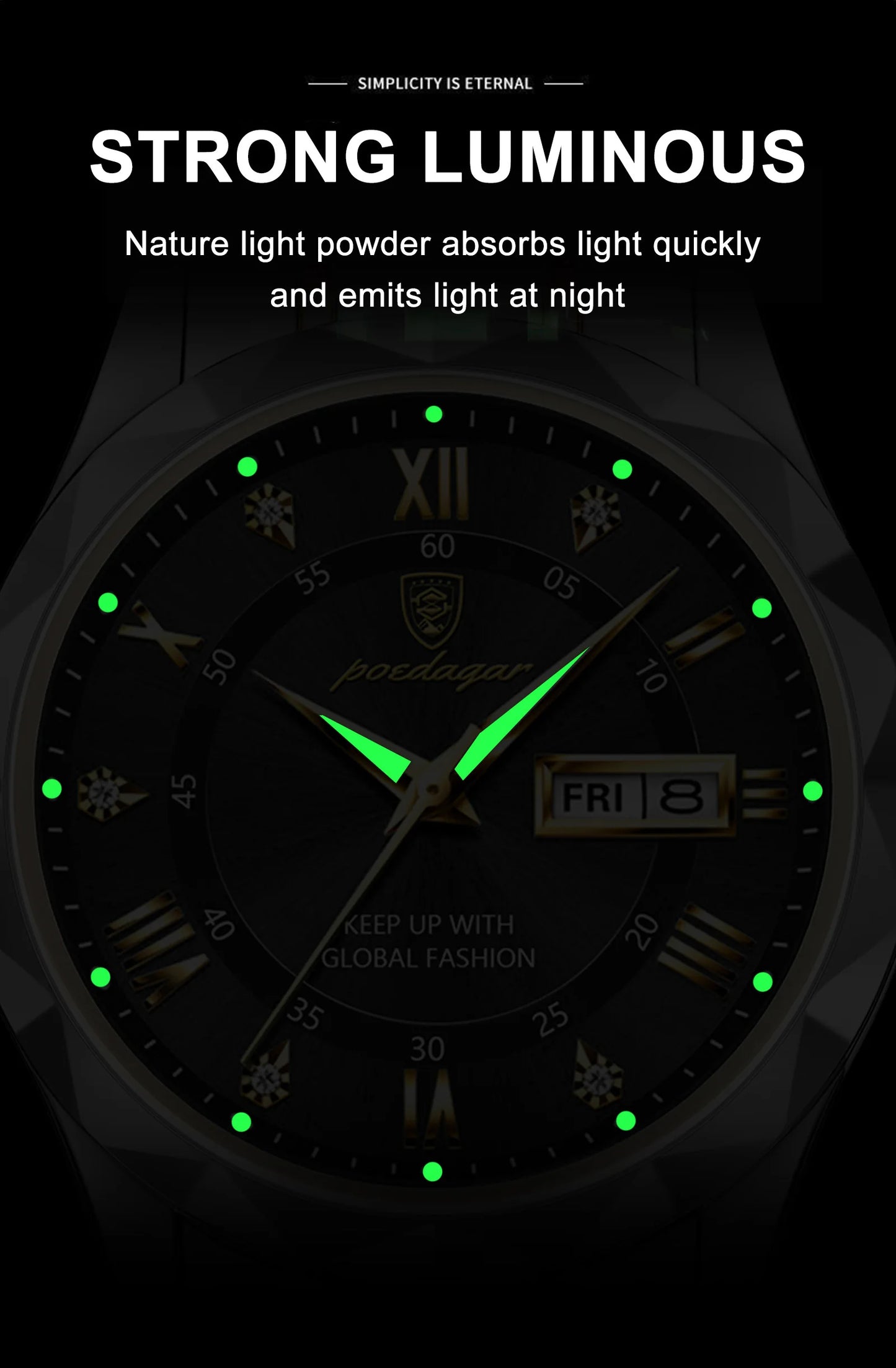 POEDAGAR Top Classic Men's Quartz Watches Waterproof Luminous Stainless Steel Man Wristwatch Date Week Original Men Watch Reloj