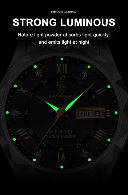 POEDAGAR Top Classic Men's Quartz Watches Waterproof Luminous Stainless Steel Man Wristwatch Date Week Original Men Watch Reloj