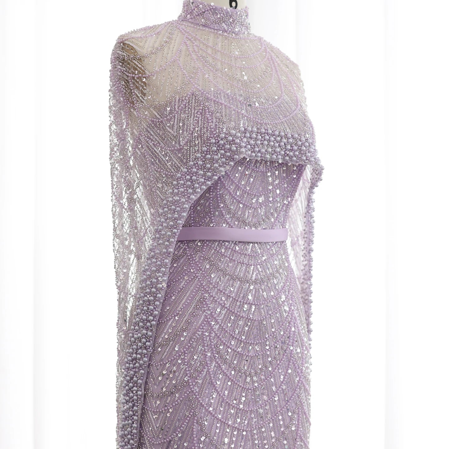 Sharon Said Luxury Pearls Dubai Champagne Evening Dresses with Cape New Arabic Women Mermaid Wedding Party Prom Dress SS369