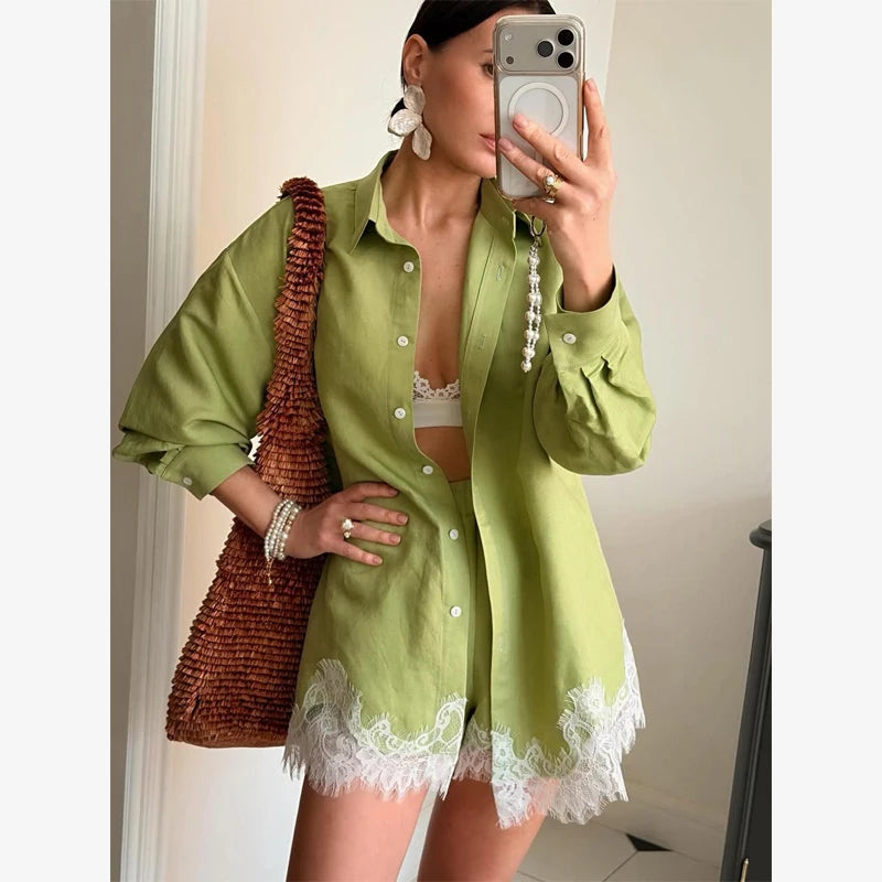 Solid Lapel Lace Patchwork Half Sleeve Shorts Set Women Chic Single Breasted Tops Pockets Pants Suits 2026 Daily Street Outfits