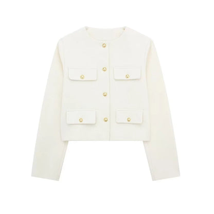 Women's Golden Button Jacket Coat, O Neck, Long Sleeve, Female Outerwear, Chic Tops, Fashion