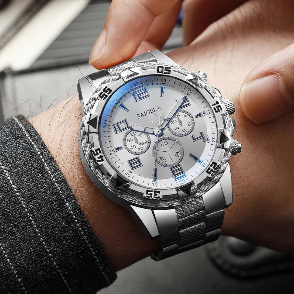 3PCS/Set Luxury Stainless Steel Band Men Business Watches Fashion Male's Quartz Watch Hip-hop Diamond Jewelry Set (Without Box）