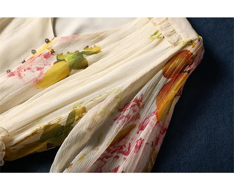 Limiguyue Summer Floral Print Silk Dresses Double Layers Ruffle Beaded Button A-Line Dress Elegant Chiffon Long Vestidos Z044