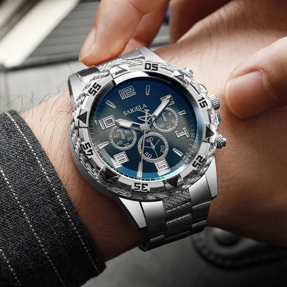 3PCS/Set Luxury Stainless Steel Band Men Business Watches Fashion Male's Quartz Watch Hip-hop Diamond Jewelry Set (Without Box）