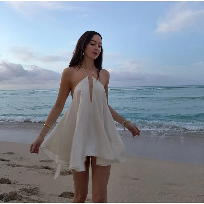 Sexy White Halter Backless Short Dresses Back Lace Up Tie-Waist Sexy Summer Beach Party High-Street Mini Dress Vestido For Woman