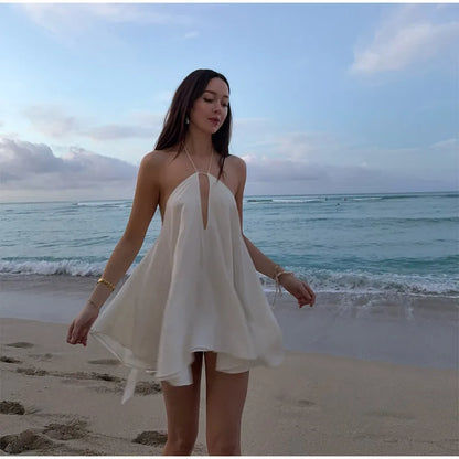 Sexy White Halter Backless Short Dresses Back Lace Up Tie-Waist Sexy Summer Beach Party High-Street Mini Dress Vestido For Woman