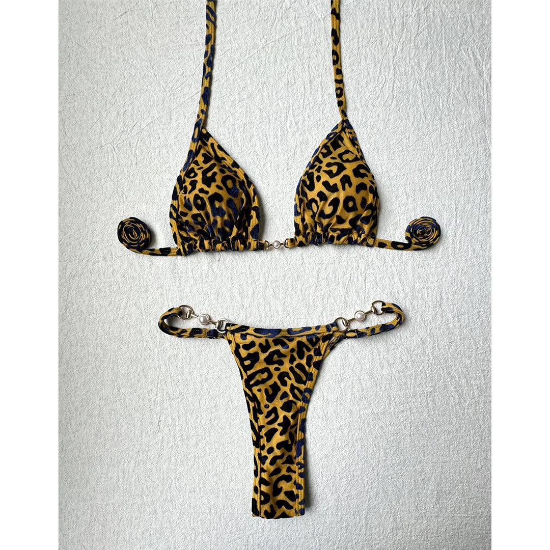 S - XL Leopard Halter Mini Micro Thong Bikini Women Swimwear Female Swimsuit Two-piece Bikini set Bather Bathing Suit Swim K5207