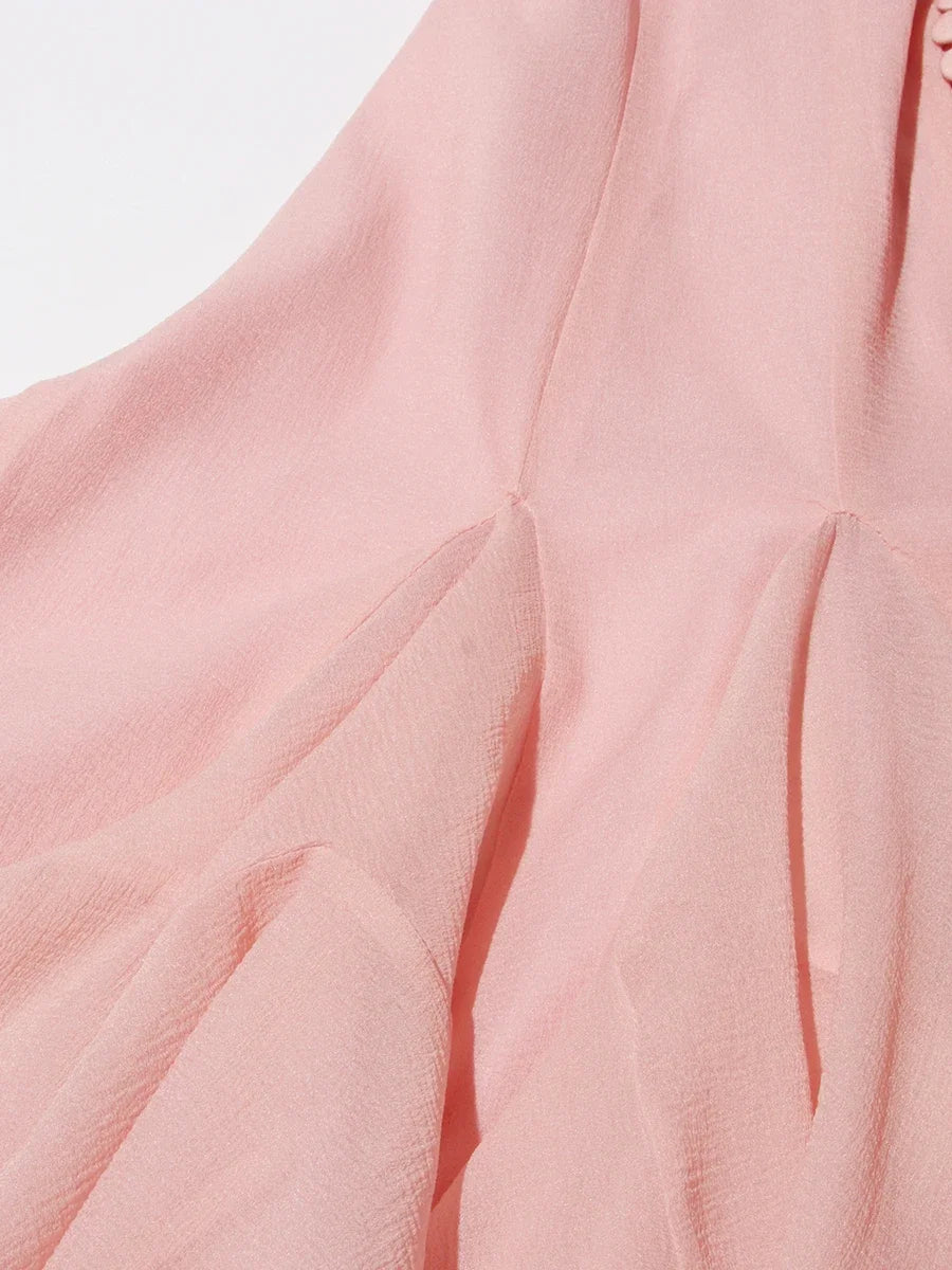 VGH Sweet Ruffles Elegant Knee Length Dresses for Women Round Neck Flare Sleeve High Waist Spliced Button  A Line Dress Female