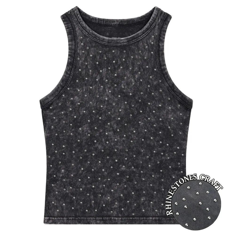Y2k Cotton Solid Tank Tops For Womens Summer Sexy Sleeveless O-Neck Tight Washed Crop Tees Casual All-math Basic Streetwear