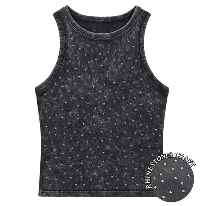 Y2k Cotton Solid Tank Tops For Womens Summer Sexy Sleeveless O-Neck Tight Washed Crop Tees Casual All-math Basic Streetwear