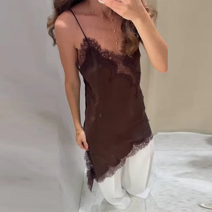 Sexy Satin Sexy Lace Spliced Sling Dress Women V-neck Sleeveless Backless Asymmetric Party Dresses 2025 Summer Vestidos