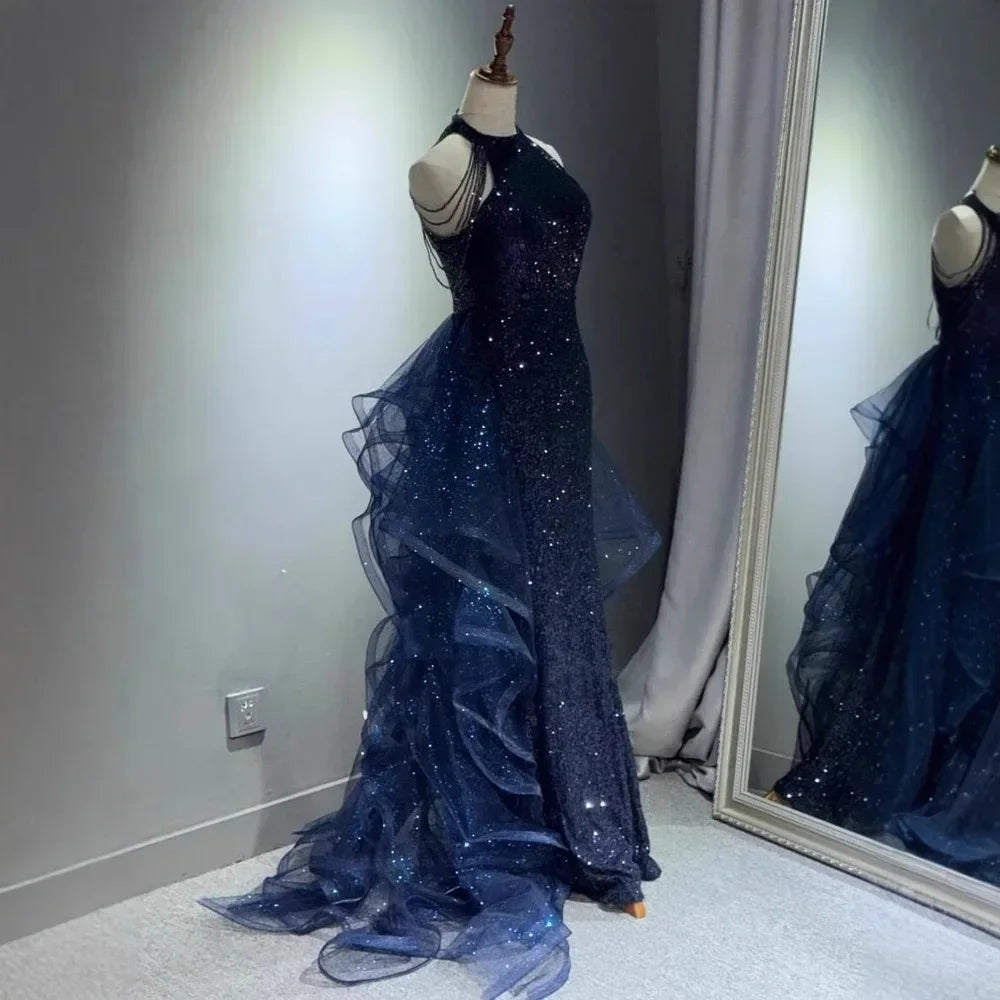 Elegant Sparking Navy Blue Evening Dresses Halt Beading Party Gown Customized Prom Dress 2025