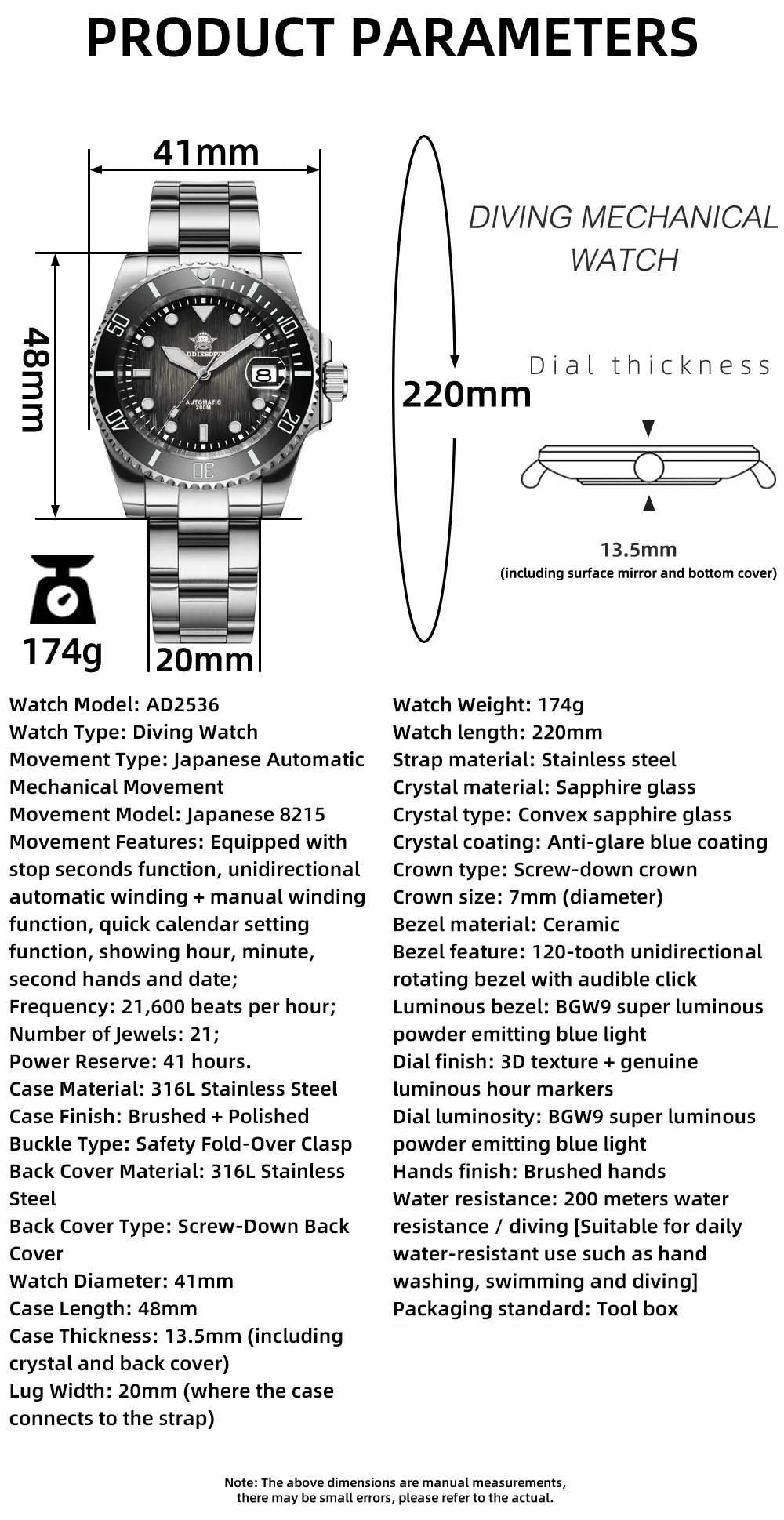 ADDIESDIVE 41MM Sunburst Automatic Mechanical Watches Japan 8215 AD2536 reloj hombre Luminous Sapphire Crystal Diver Men's Watch