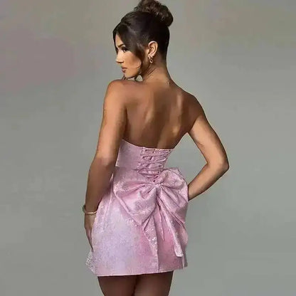 Townlike Jacquard Waist Wrap A-line Dress Women Mini 2024 Spring Summer Dress Elegant Bow Backless Sexy Party Dresses