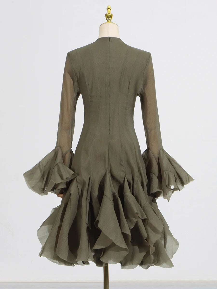 VGH Sweet Ruffles Elegant Knee Length Dresses for Women Round Neck Flare Sleeve High Waist Spliced Button  A Line Dress Female