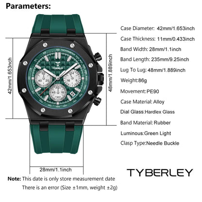 2025 New TYBERLEY Men's Watches Top Brand Luxury Quartz Watch Men Chronograph Wristwatches Sports Waterproof Luminous Grid Clock