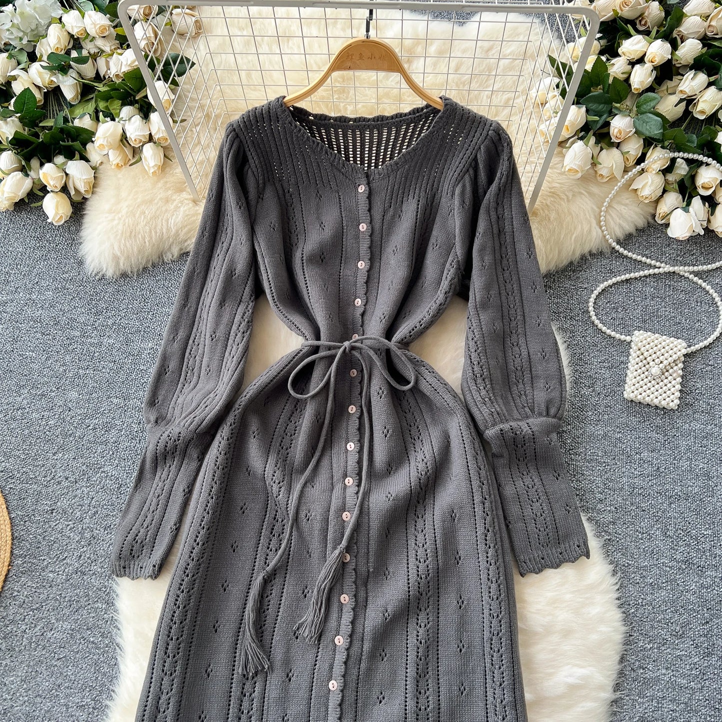 Women's Solid Single Breasted Hollow Out Knit Lace-up Dress Autumn Fashion Round Neck Elegant Festival Sweater Long Dresses 2024