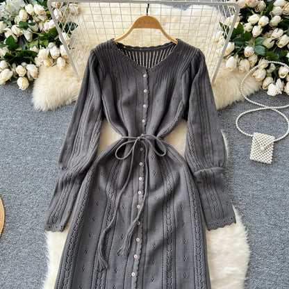 Women's Solid Single Breasted Hollow Out Knit Lace-up Dress Autumn Fashion Round Neck Elegant Festival Sweater Long Dresses 2024