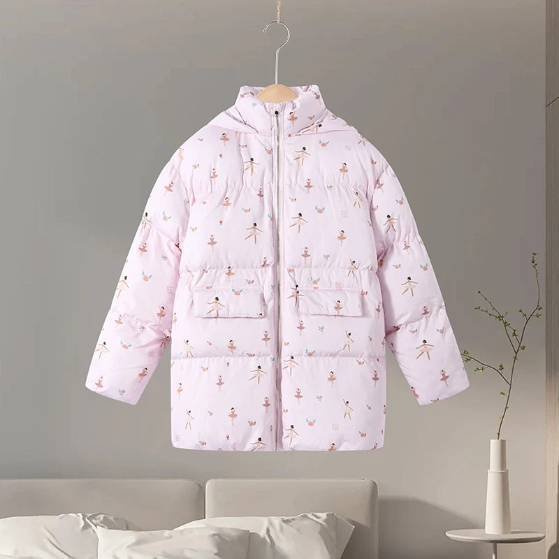 Printed Hooded Puffy Cotton Jacket Women Stand Collar Long Sleeve Zipper Loose Padded Coats 2025 Winter Lady Warm Outwear Street