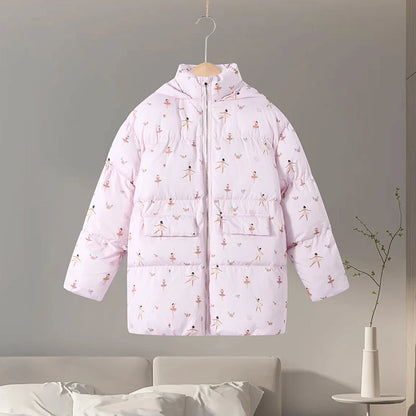 Printed Hooded Puffy Cotton Jacket Women Stand Collar Long Sleeve Zipper Loose Padded Coats 2025 Winter Lady Warm Outwear Street