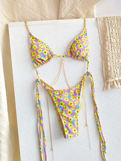 ZRTAK Micro Thongs Swimsuit Women Sexy Bikinis Bathing Suit Rings Biquini Bandage Beachwear Print Swimwear Sexy Bikini Sets