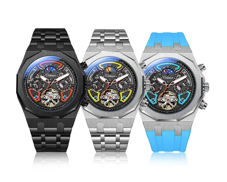Luxury Tourbillon Watches Men Fashion Sport Rubber Strap Moon Phase Date Waterproof Automatic Mechanical Wrist Watch Man Reloj