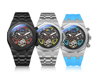 Luxury Tourbillon Watches Men Fashion Sport Rubber Strap Moon Phase Date Waterproof Automatic Mechanical Wrist Watch Man Reloj