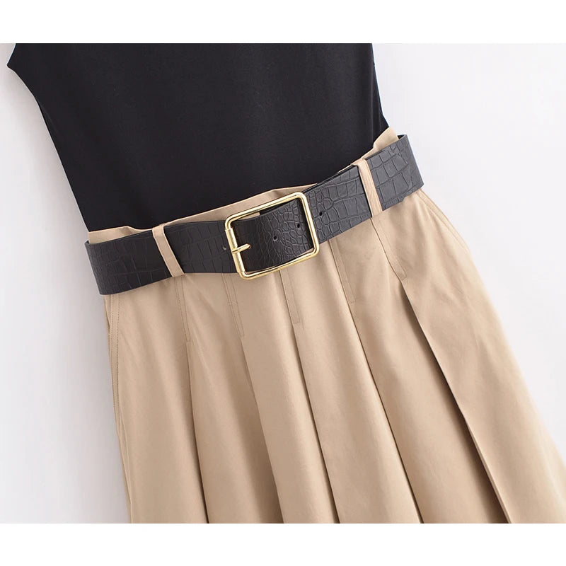 MUJER 2025 Woman Dresses Belt Pleated Midi Dress Women Sleeveless Summer Dress Woman Knitted Party Dresses for Women Sundress