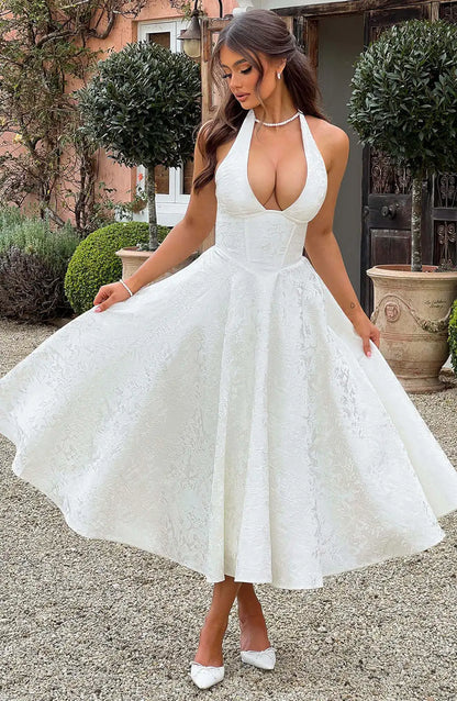Solid Backless Lace Up A-line Dress Women Sleeveless Deep V-neck High Waist Pleated Midi Dresses Lady Evening Party Robes 2026