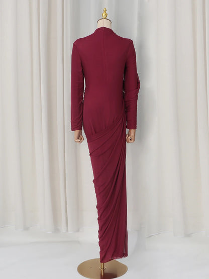 VGH Elegant Vintage Spliced Ribbon Dresses for Women Turtleneck Long Sleeve Irregular Folds Evening Luxurious Maxi Dress Female