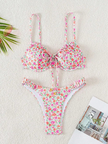 New Sexy Floral Print Push Up Bikini 2024 Women Swimwear Female Swimsuit Two Pieces Thong Bikini Set Bather Bathing Suit Beach