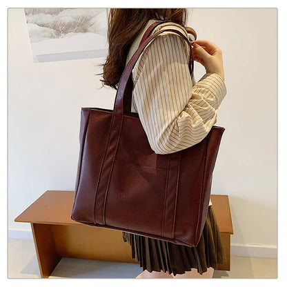 Simple Large Capacity Tote Bags for Women Retro Pu Leather Ladies Shoulder Bag Commuter Portable Girls Student Underarm Handbag