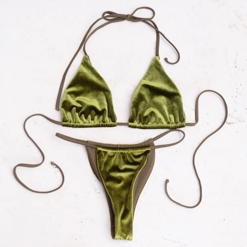 Sexy Velvet Swimsuit for Women, Micro Bikini Set, Thong Swim Suit, 2 Piece Bathing Suit for Ladies, Green String Bikini, 2022