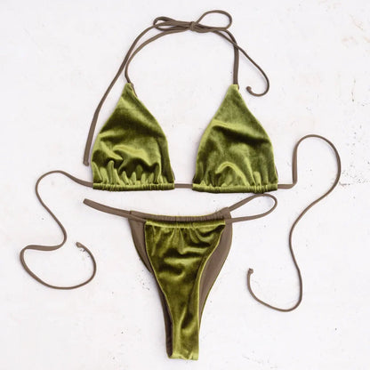 Sexy Velvet Swimsuit for Women, Micro Bikini Set, Thong Swim Suit, 2 Piece Bathing Suit for Ladies, Green String Bikini, 2022