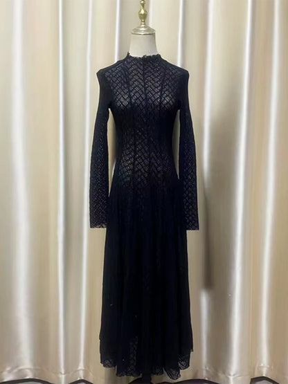 TWOTWINSTYLE Hollow Out Mesh Long Dress for Women Stand Collar Slimming Long Sleeve High Waist Chic Pleated Dresses Female New