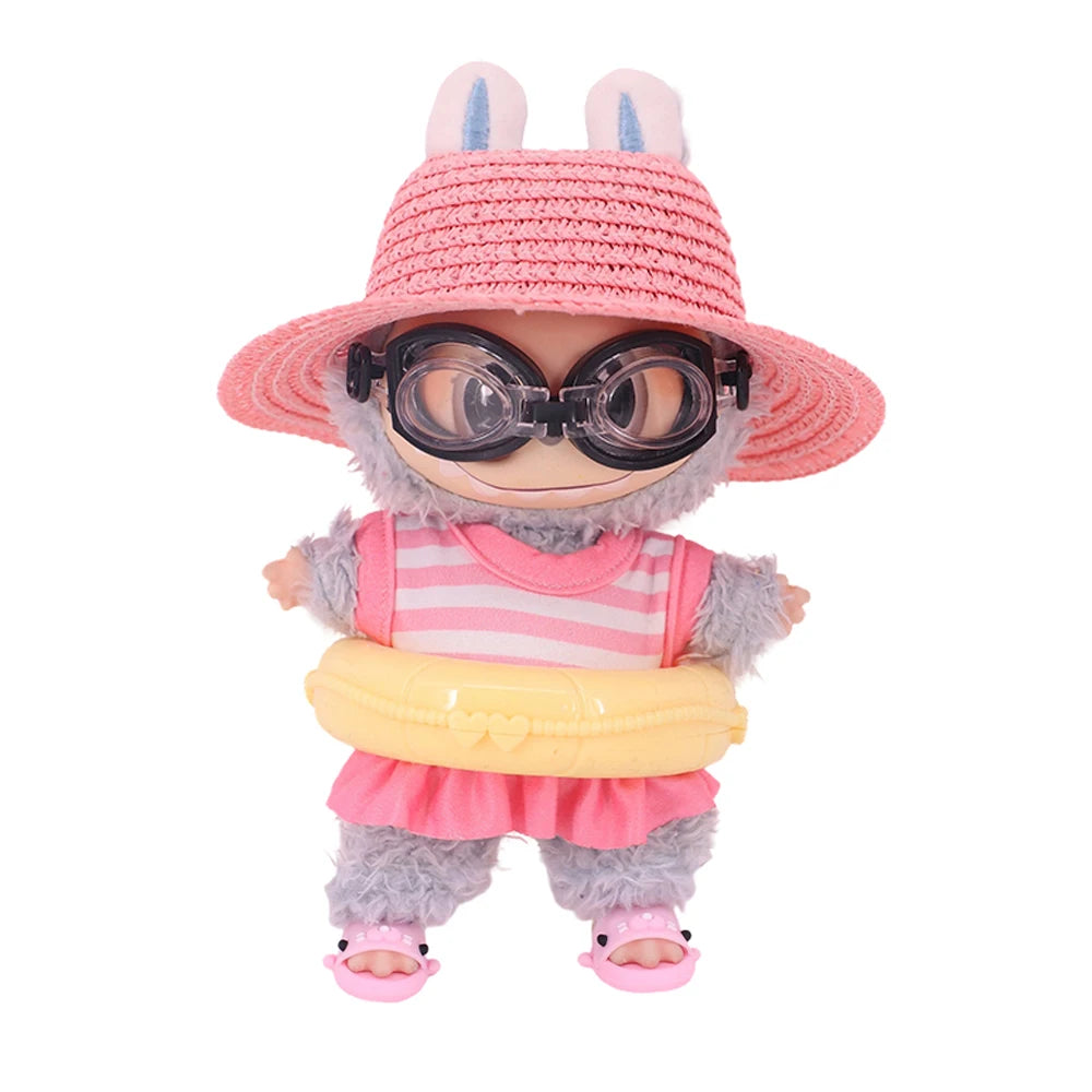 For Labubu Doll Clothes Swimsuit Cute Shark Slippers 15-17Cm Plush Doll Glasses Straw Hat,For labubu Accessories Holiday Gifts