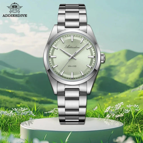 ADDIESDIVE Hot Sale AD2066 Mens Watch 36mm Bubble Mirror Glass Mint Green Quartz Watches Waterproof Luxury Stainless Steel Clock