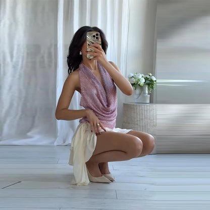 Sexy Diamond Halter Dress Women Shinny Sleeveless Backless V-neck Slim A-line Dresses Female 2026 Spring Summer Party Lady Robes