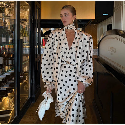 Satin Polka Dots V Neck Maxi Dress Suit Women Elegant Ribbon Full Sleeve Blouse Waist Cinching Long Skirt 2026 Lady Party Outfit