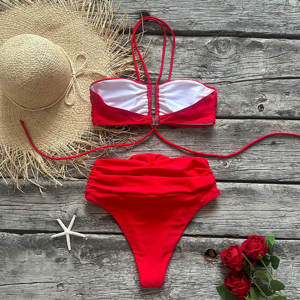 Two-Pieces Women Floral Lace Up 2023 Push-Up Padded Bra White Bikini Set Swimsuit Swimwear Bathing Suit Beachwear Biquini