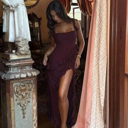 Giyu Sexy Ruffles Summer Dress 2025 Women Clothing Elegant Holiday Club Evening Party Dresses Slash Neck Split Bodycon Long Robe