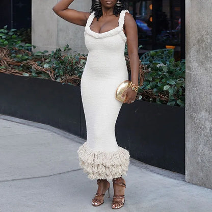 Tassels Hem Twist Strap Knitted Dress Women Sleeveless Backless Slim High Waist Dresses Female Holiday Evening Bodycon Robe